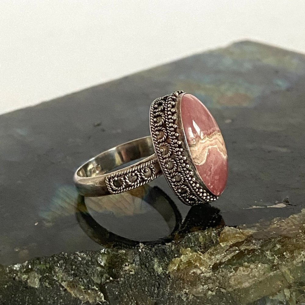 Sterling Silver 925 MNSN Oval Bezel Set Pink Rhodochrosite Cabochon Ring Sz 6.5 - Picture 6 of 16